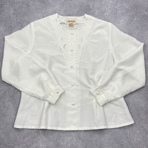 Mikado Tops - Vintage Mikado Blouse Womens 10P White Cutwork Embroidered Button Front Peplum